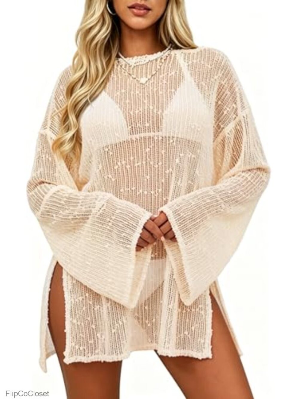 Crochet Sheer Mesh Kaftan Swimsuit Coverup Long Sleeve